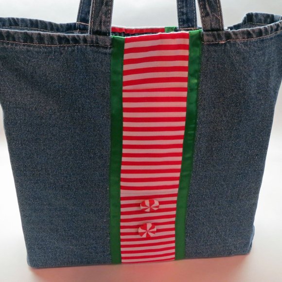 Peppermint Stripe Hand-Crafted Blue Denim Holiday Elf Tote Bag NEW with tags - Picture 3 of 4